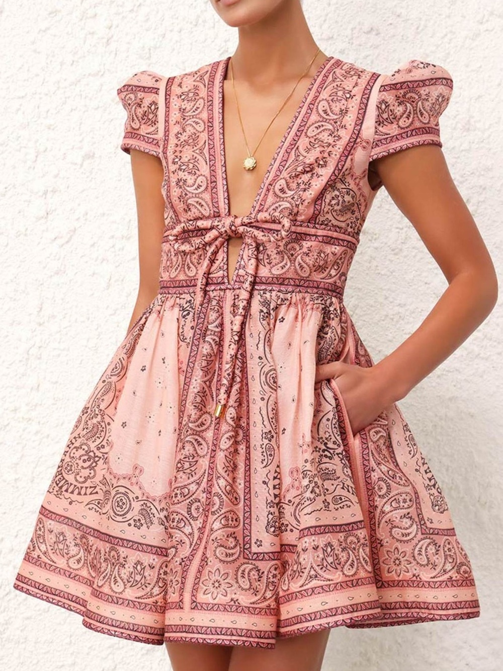 Zimmermann Pink Paisley Tie-Front Mini Dress